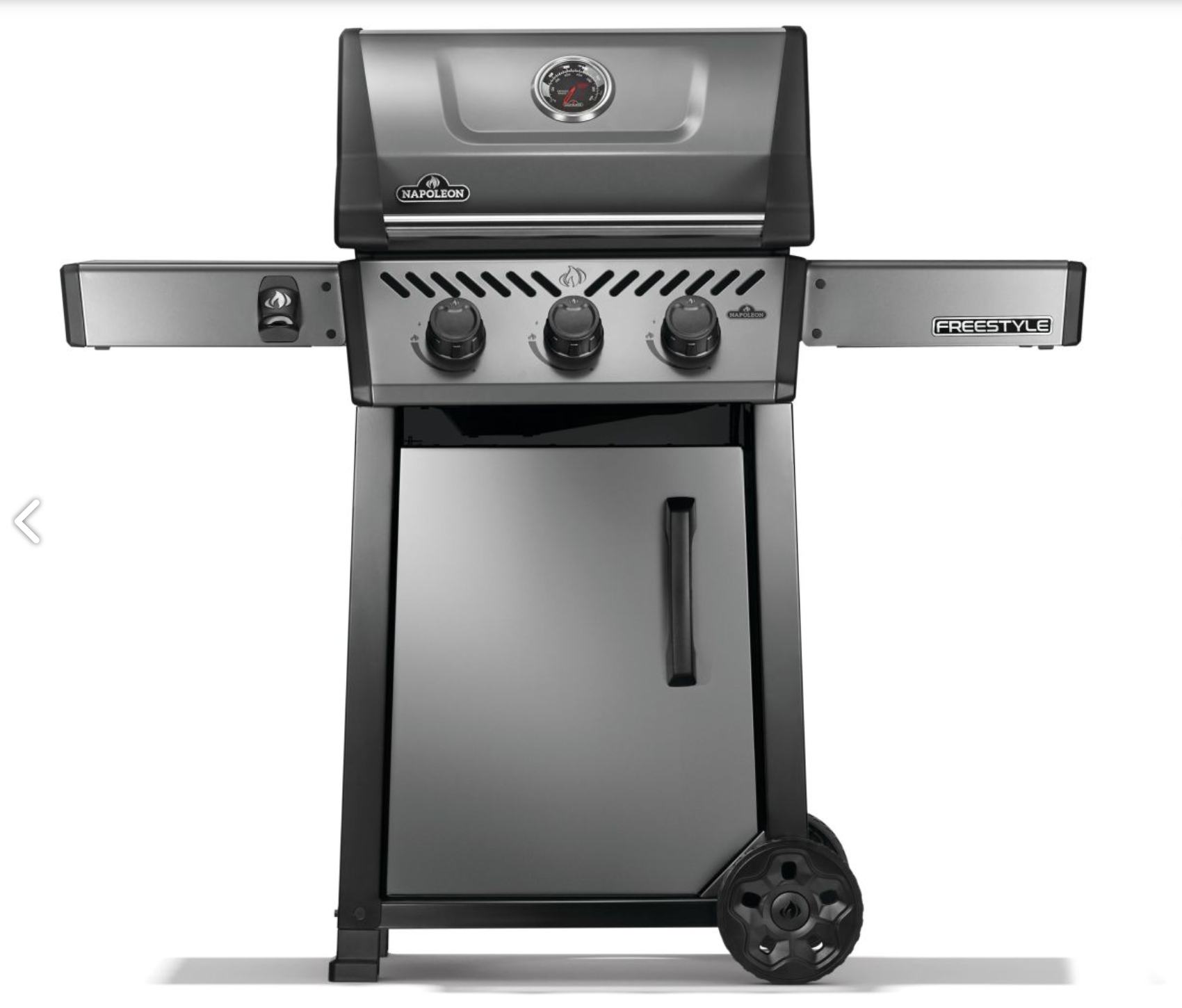 Close-up of Napoleon Freestyle 365 control knobs and onboard temperature gauge with sleek graphite exterior finish 