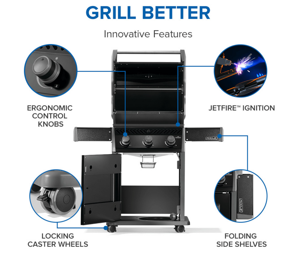Close-up of Napoleon Rogue 425 control knobs and battery-free ignition system with sleek black exterior and chrome accents