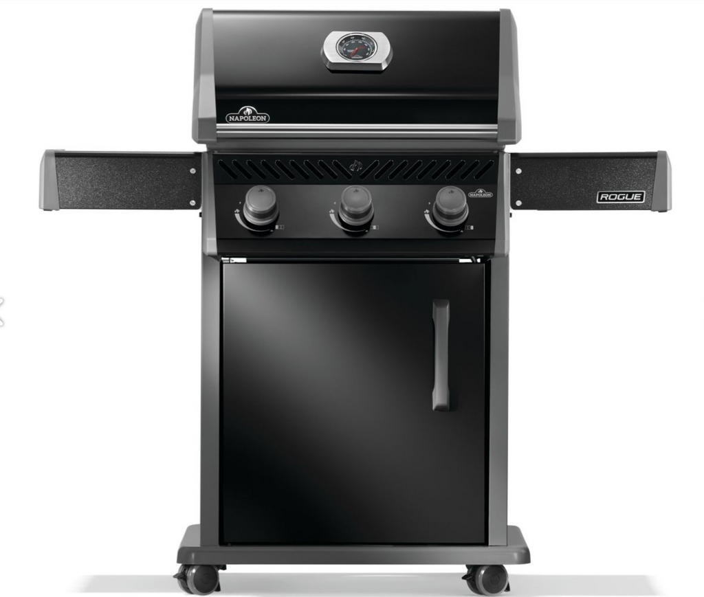 Detail view of Napoleon Rogue 425 black porcelain enamel and powder-coated finish resistant to fingerprints and weather damage