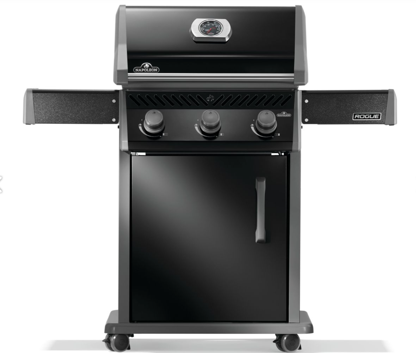 Detail view of Napoleon Rogue 425 black porcelain enamel and powder-coated finish resistant to fingerprints and weather damage