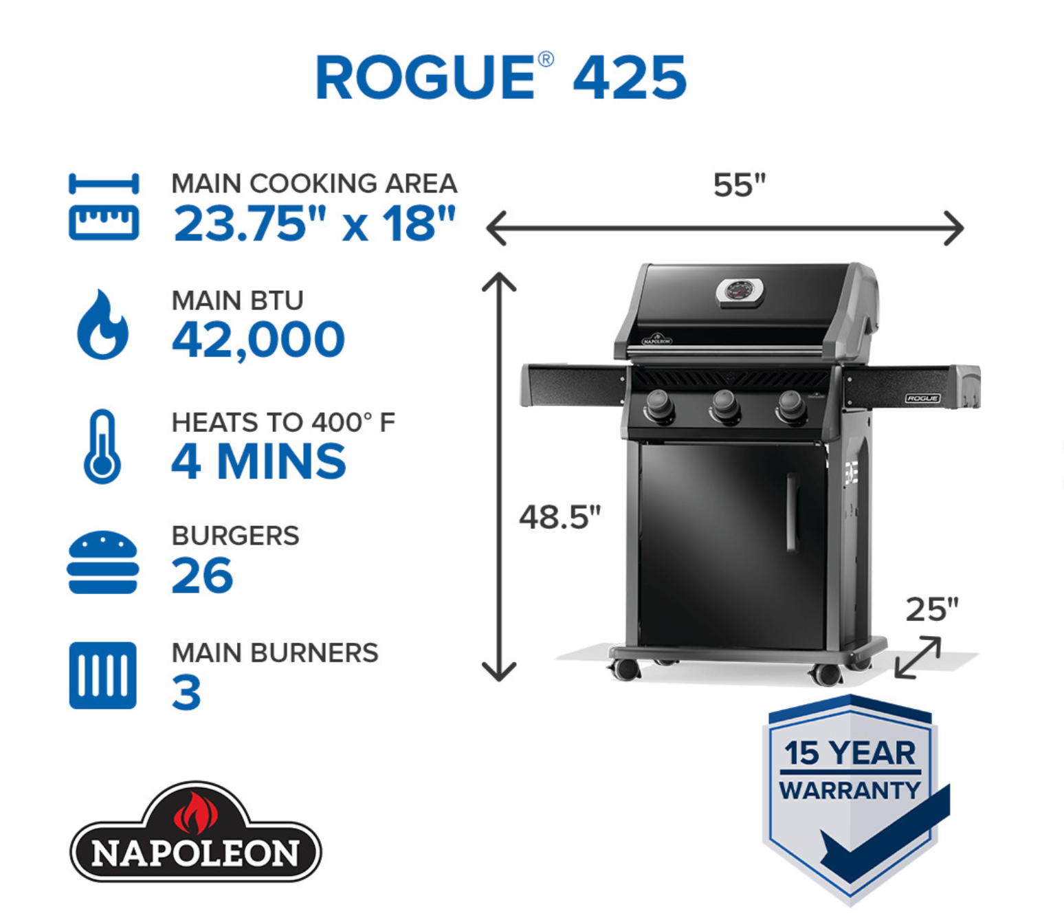 Napoleon Rogue 425 with foldable side shelves collapsed and locking caster wheels shown for easy storage and mobility AND specifications